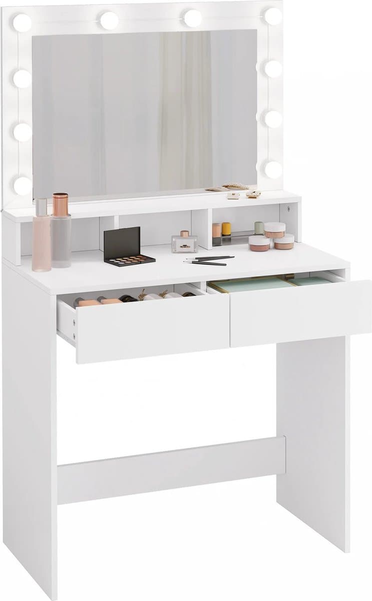 Huis-tuin online - kaptafel - Led Verlichting - Spiegel - 2 Laden - Moderne Cosmetische Tafel - Slaapkamermeubel - Opbergkast- Wit - : 80x140x39,5 cm (WxHxD)