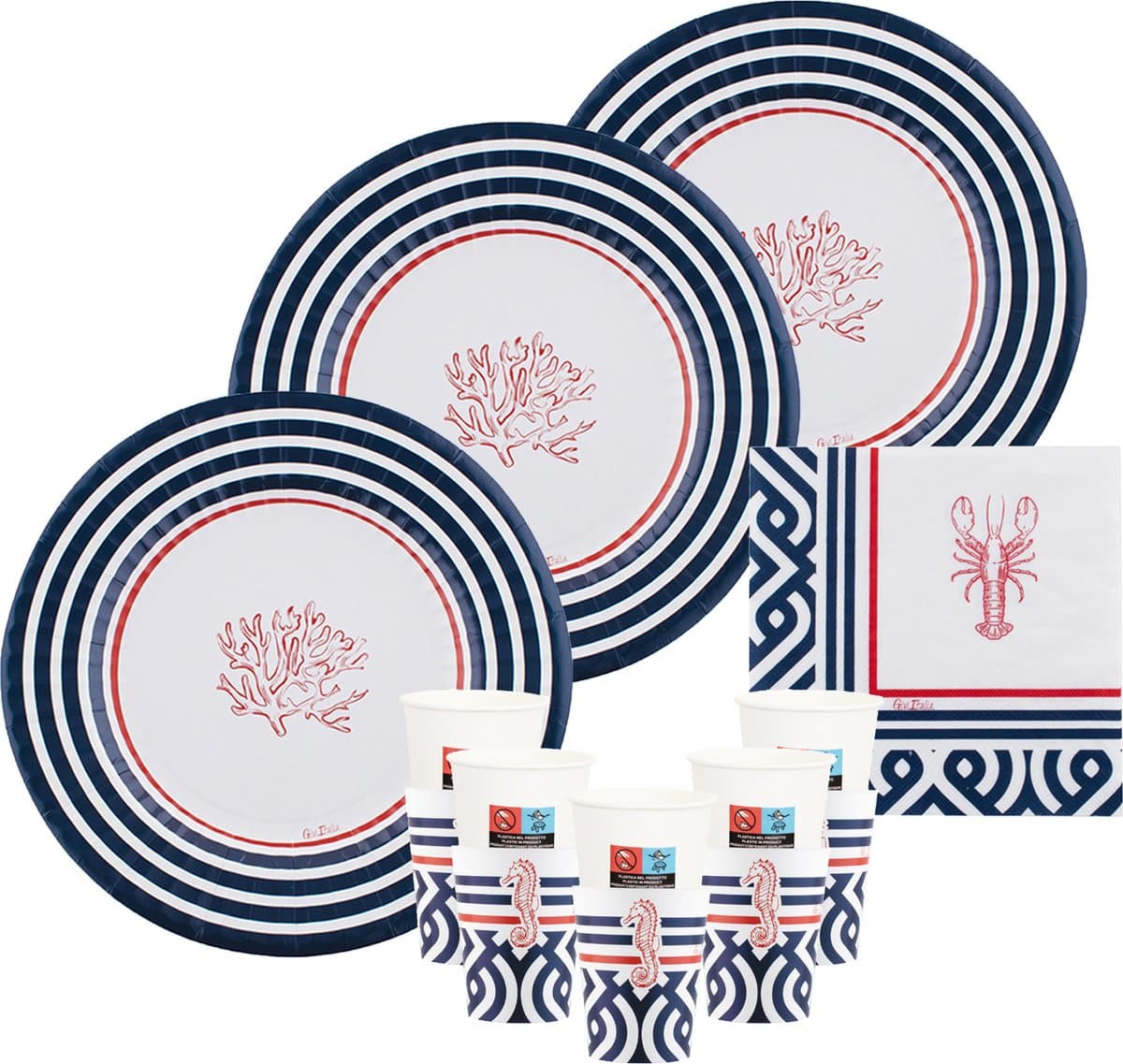Givi Italia Feestbordjes/servies set - 16 personen - nautisch thema - navy - papier/karton - strand - maritiem - zomer