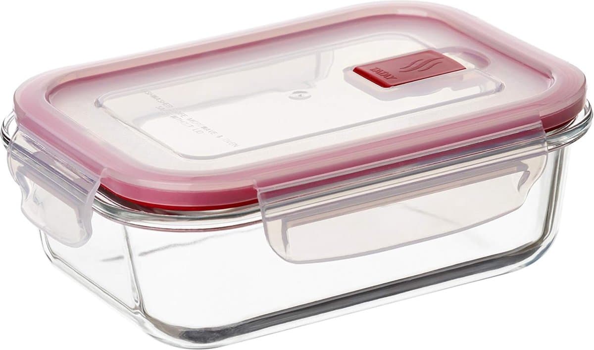 Opzetstuk voor levensmiddelen, glas, luchtdicht, inhoud 0,64 l, clipdeksel, BPA-vrij, magnetronbestendig, oven, vriezer en vaatwasser, rood, afmetingen: 13,7 x 17,9 x 6,3 cm