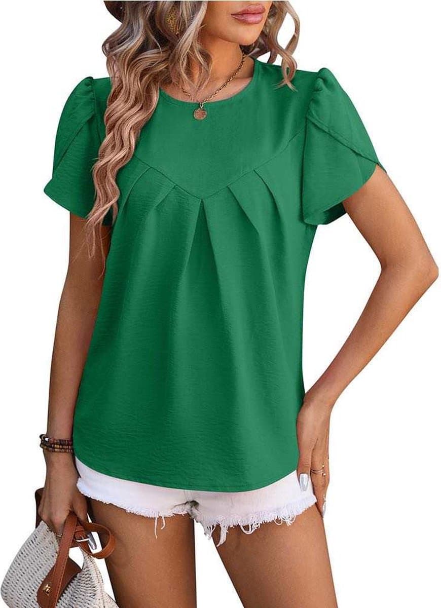 ASTRADAVI Damesmode - Top - Elegante Crêpe Blouse met Overlap Mouwen - Groen / X-Large