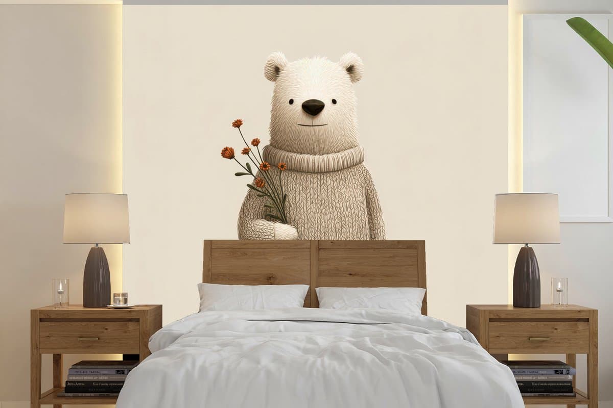 Behang - Fotobehang Knuffelbeer - Oranje bloemen - Vriendelijk - Breedte 280 cm x hoogte 280 cm
