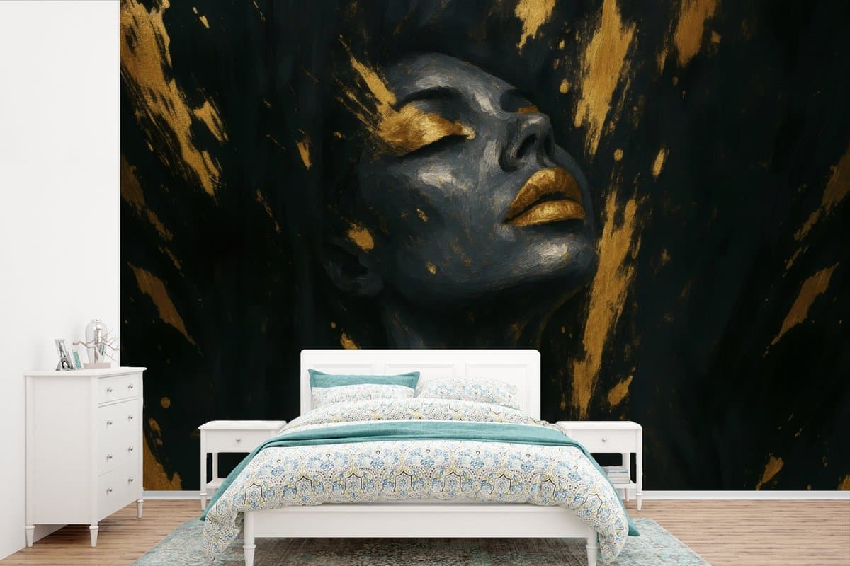 Behang - Fotobehang Gezicht - Vrouw - Verfspatten - Abstract - Breedte 330 cm x hoogte 220 cm