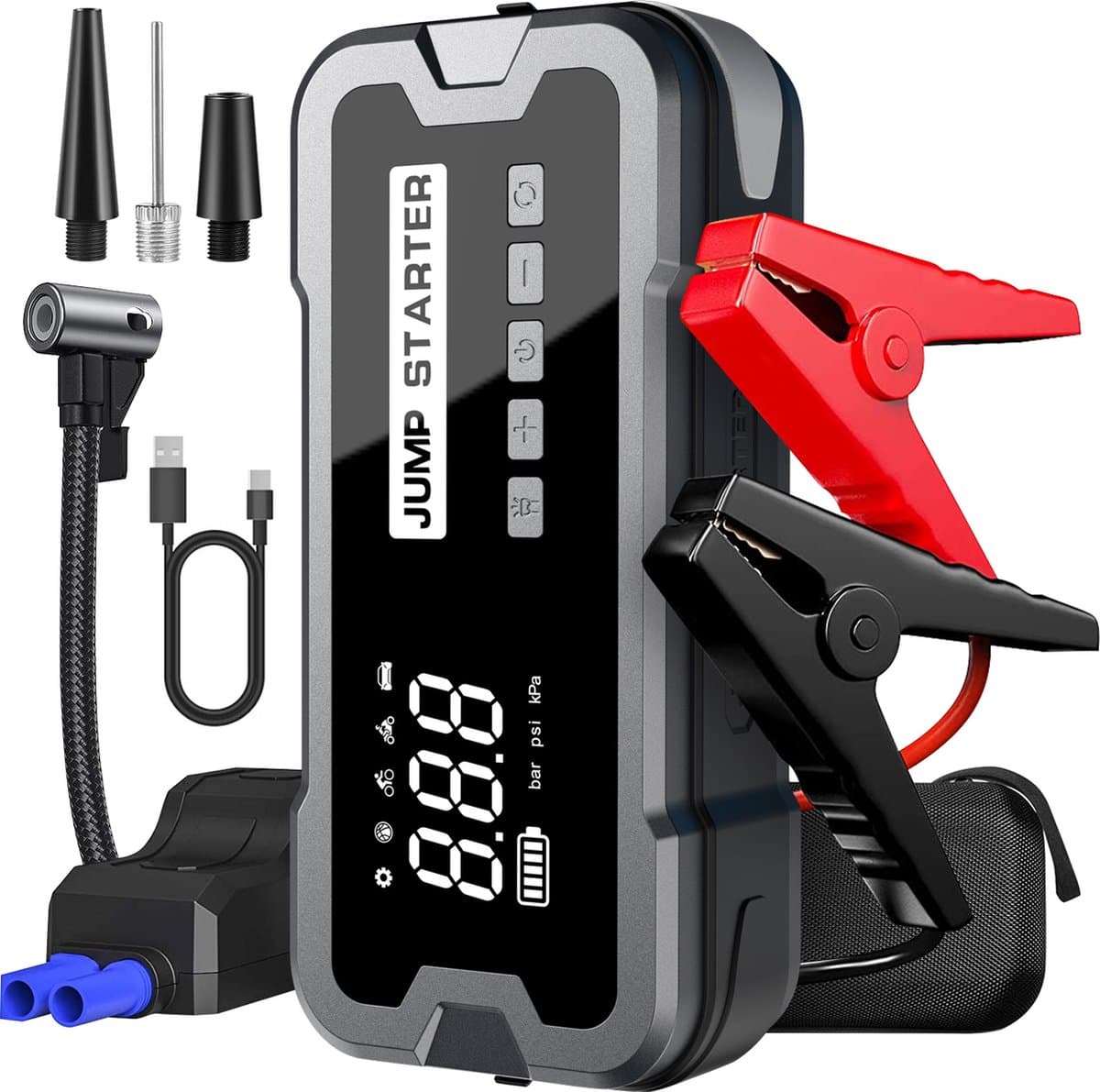 Woegel A2 Krachtige 12V Jumpstarter – 24.000 Mah / 4000A - Startkabels Met Powerbank – compressor bandenpomp - Starthulp Voor Auto’s Met LED - en SOS Noodlicht - Incl. Opbergcase – zwart-grijs