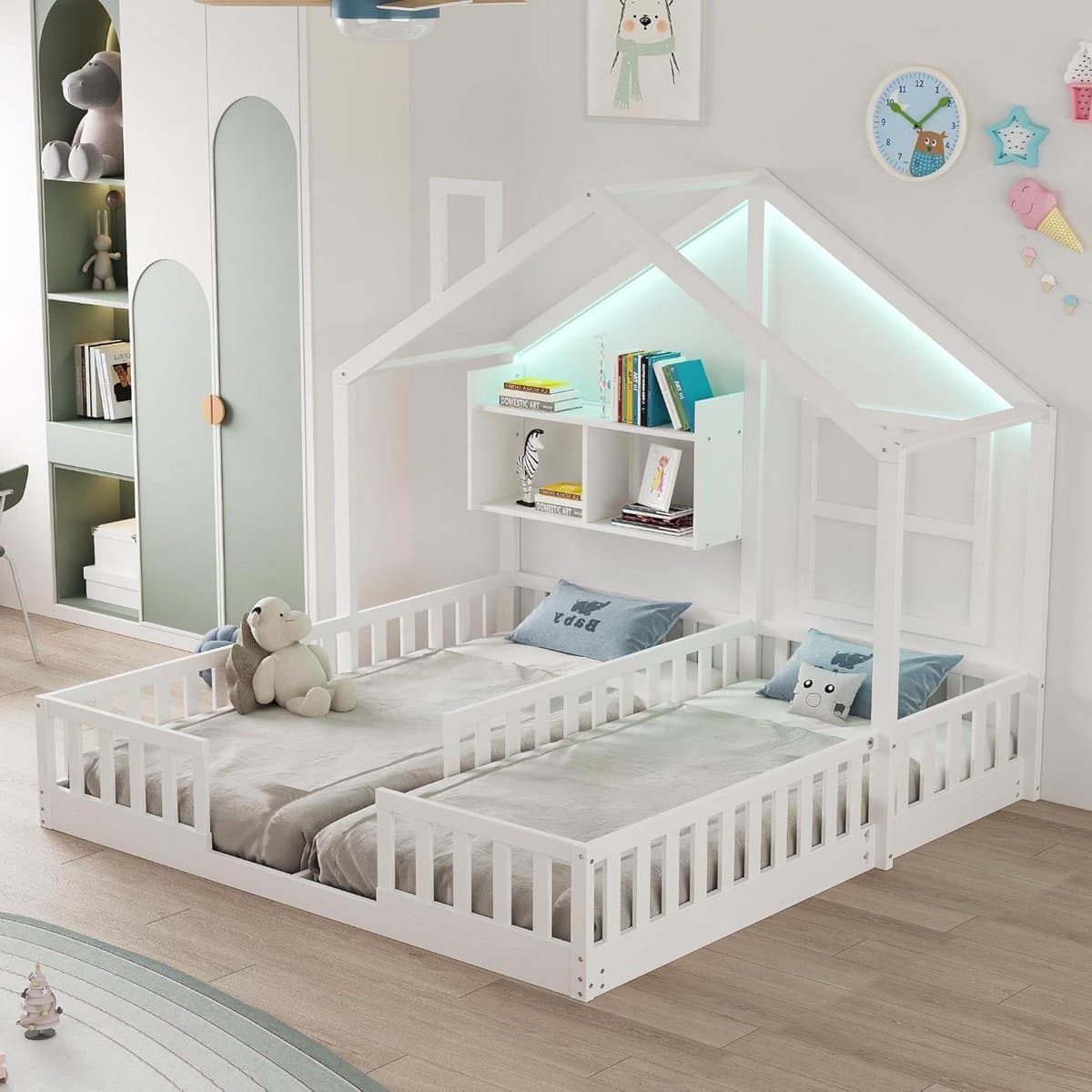 Kinderbed Huisontwerp - Dubbel bed - Slaapruimte Delen - Met LED Verlichting - 90x200 cm - Wit