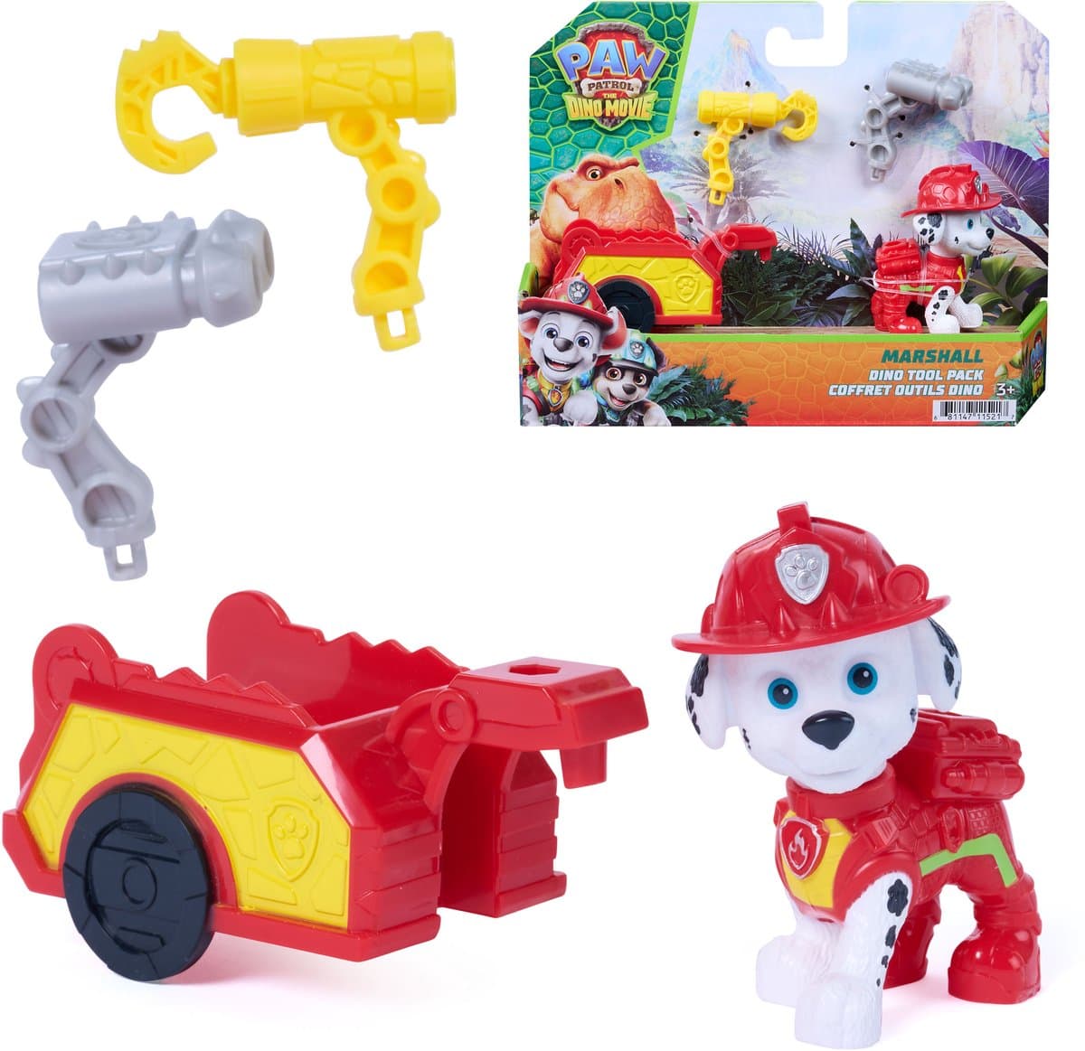 PAW Patrol - De Dino Film - Marshall Dino-gereedschapsset, actiefiguur van 6,3 cm met koppelbare reddingstrailer en 2 verwisselbare gereedschappen