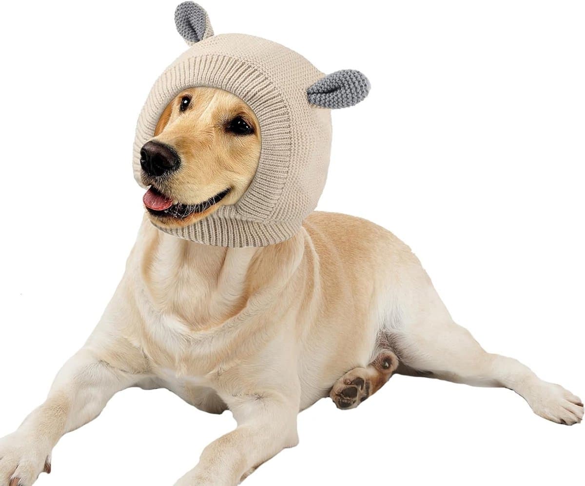 Knitted Pet Hat voor Honden, Winterse Balaclava met Schattige Oortjes, Thermische Hoed voor Grote Honden (Beige)