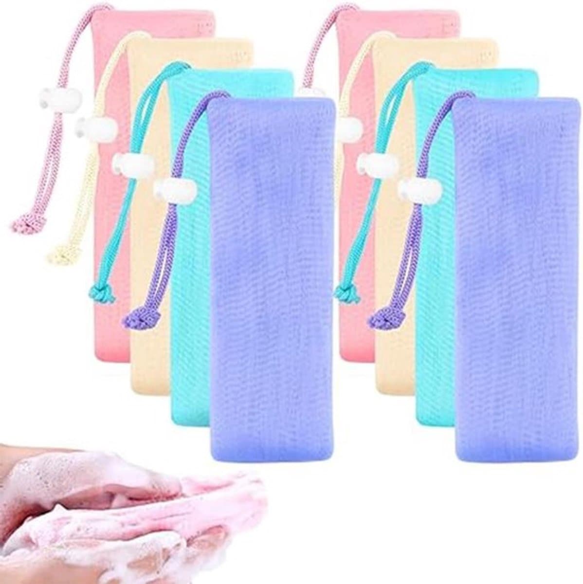Set van 4 herbruikbare zeepzakjes voor badkamer - Zacht mesh scrubber - Zeepstang opbergzakje met touw