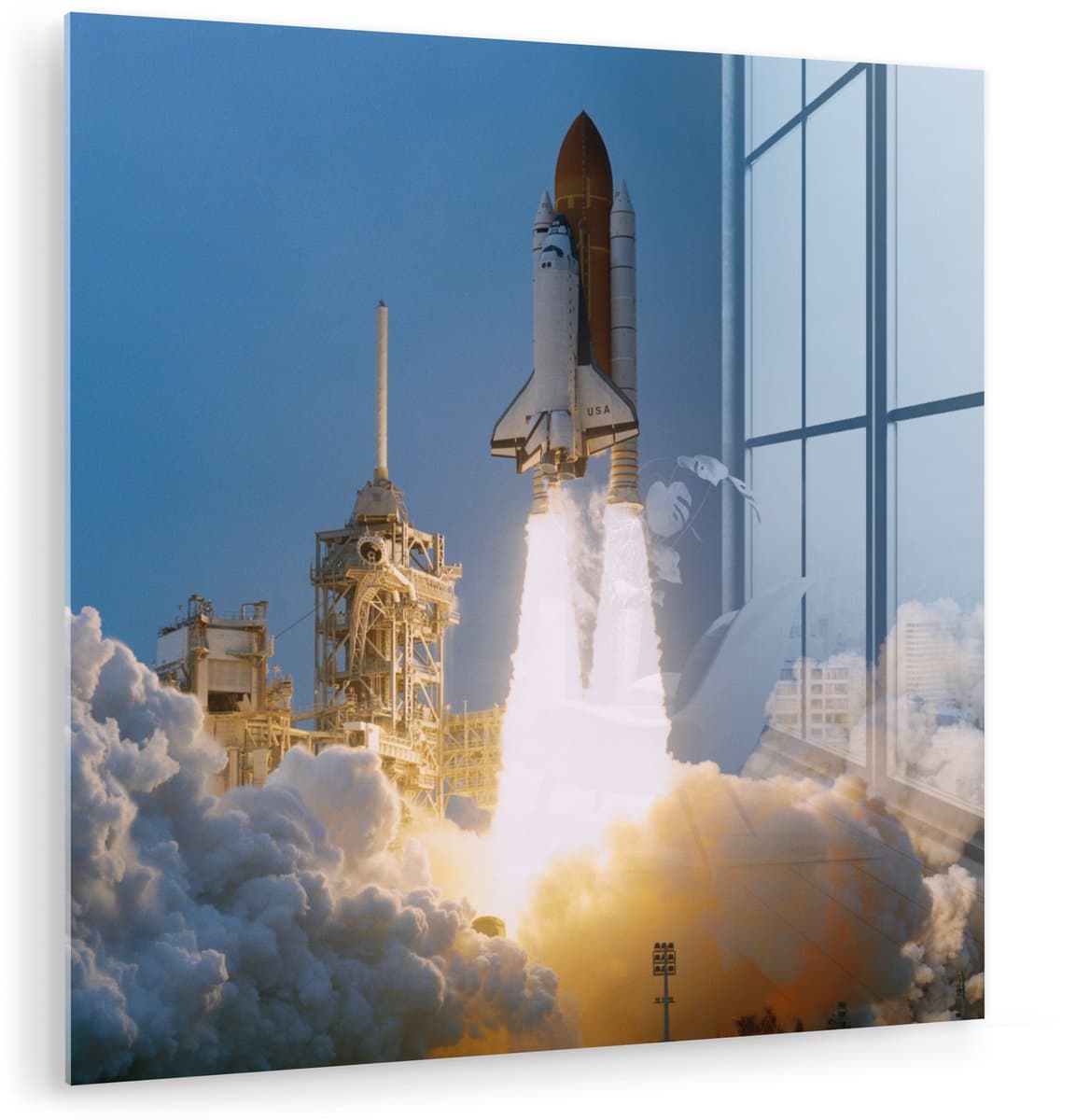 ® Glasschilderij 50x50 cm - Schilderij acrylglas - Een lancering van de Space Shuttle - Foto op glas - Muurdecoratie woonkamer - Wanddecoratie slaapkamer - Schilderijen