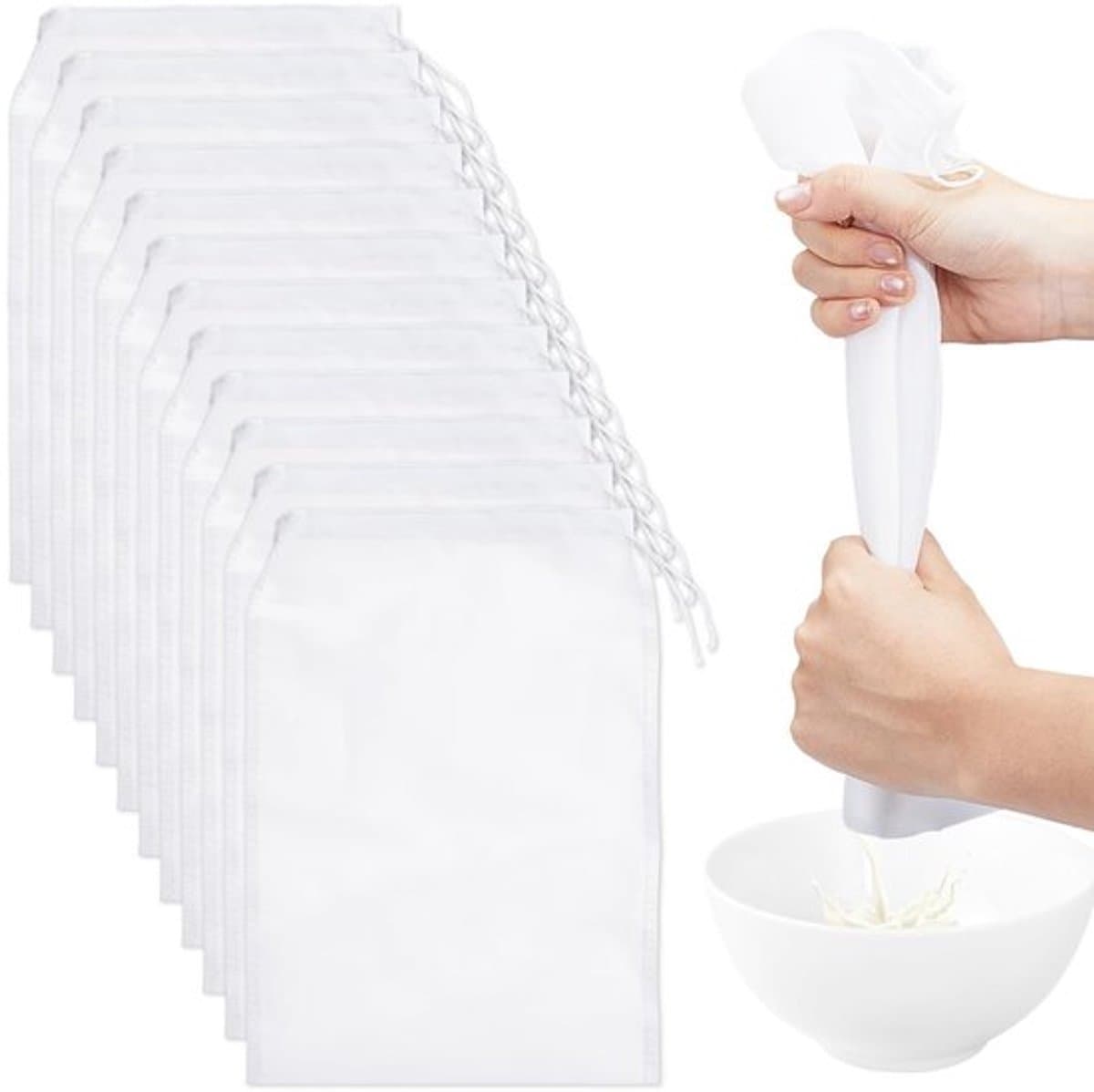 - Notenmelkzakken - 200 Mesh - Ideaal voor sap en tofu - 12 stuks - Koffie zeef - Geschikt voor yoghurt - Wit