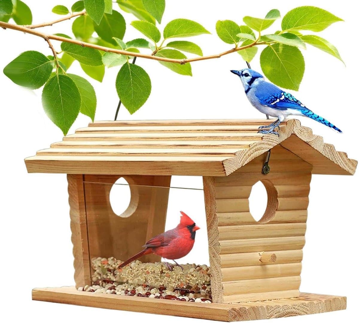 Vogelvoederhuisje Hout - Voederstation Tuin - Vogels Voeren - Weerbestendig Ontwerp - 27x20x20 cm - Natuurlijk Hout