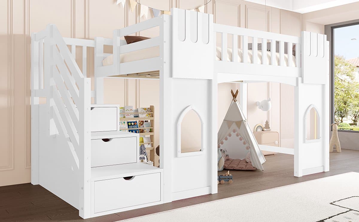 Hoge Bed 90x200 - Stabiel Kieferholz-Hochbett met Stauraumladder en Ramen - Wit - Speels Design met Veiligheidsleuning