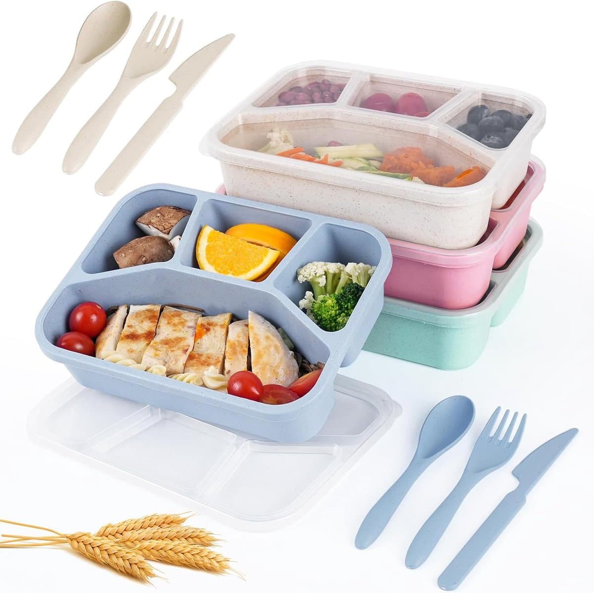 Snackbox, 4-pack lunchbox met lepel en vork, 5 vakken, BPA-vrij, herbruikbare lunchbox, ontworpen voor portiecontrole, school en uit eten. Compact, stapelbaar, vier kleuren