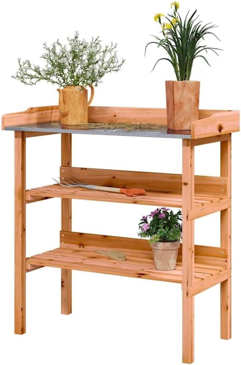 Plantentafel Hout - Werktafel Buiten - Planten Verzorgen - Verzinkt Tafelblad - 78x38x82 cm - Bruin