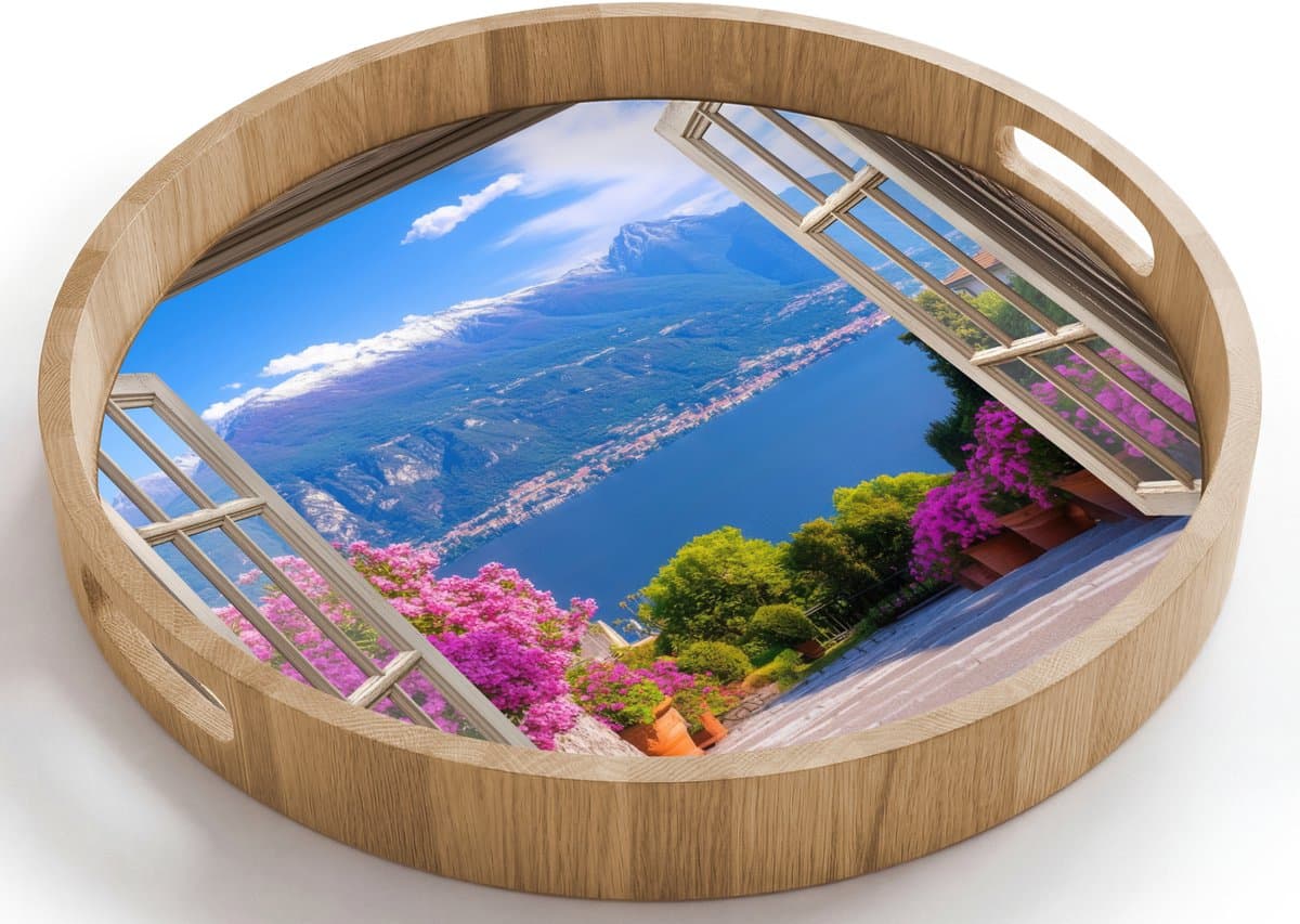 Dienblad rond 40x40 cm - Schootdienblad hout - Doorkijk - Berg - Landschap - Uitzicht - Meer - Borrelplank rechthoek - Plateau houten dienbladen