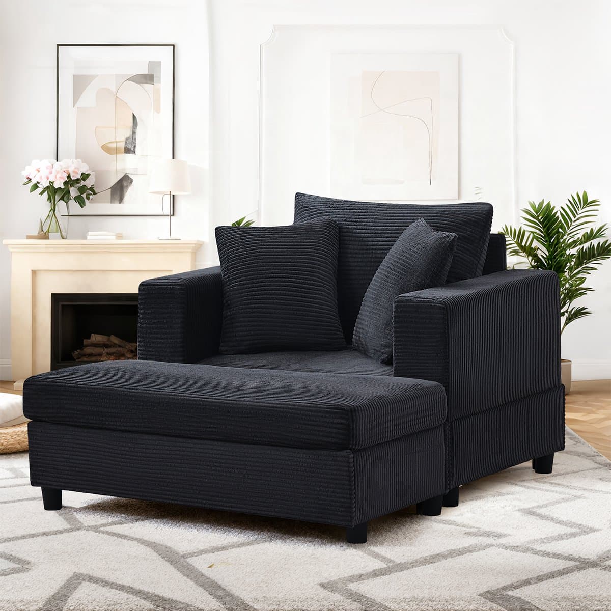MODENUIT Chaise Longue 1-Zits - Met Voetsteun En Opbergruimte - Voor Woonkamer En Slaapkamer - Hout Metaal Zwart