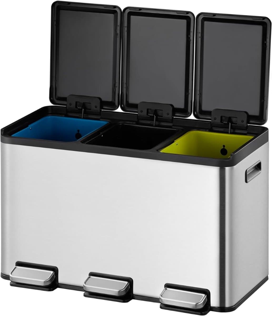 Aura® Prullenbak 3 Vakken - Afvalbak - Pedaalemmer - 30 Liter - Zilver - 37cm x 32cm x 59cm