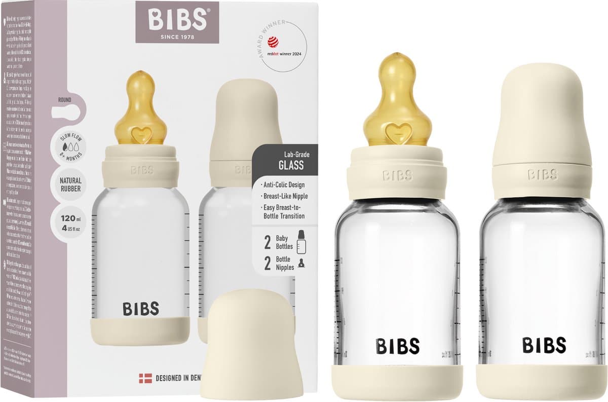BIBS Baby Glass Bottle. 2 stuks. Tegen kolieken. Ronde speen van natuurlijk rubberlatex. Ondersteunt natuurlijke borstvoeding, Complete Set - 120 ml (Pack of 2), Ivory
