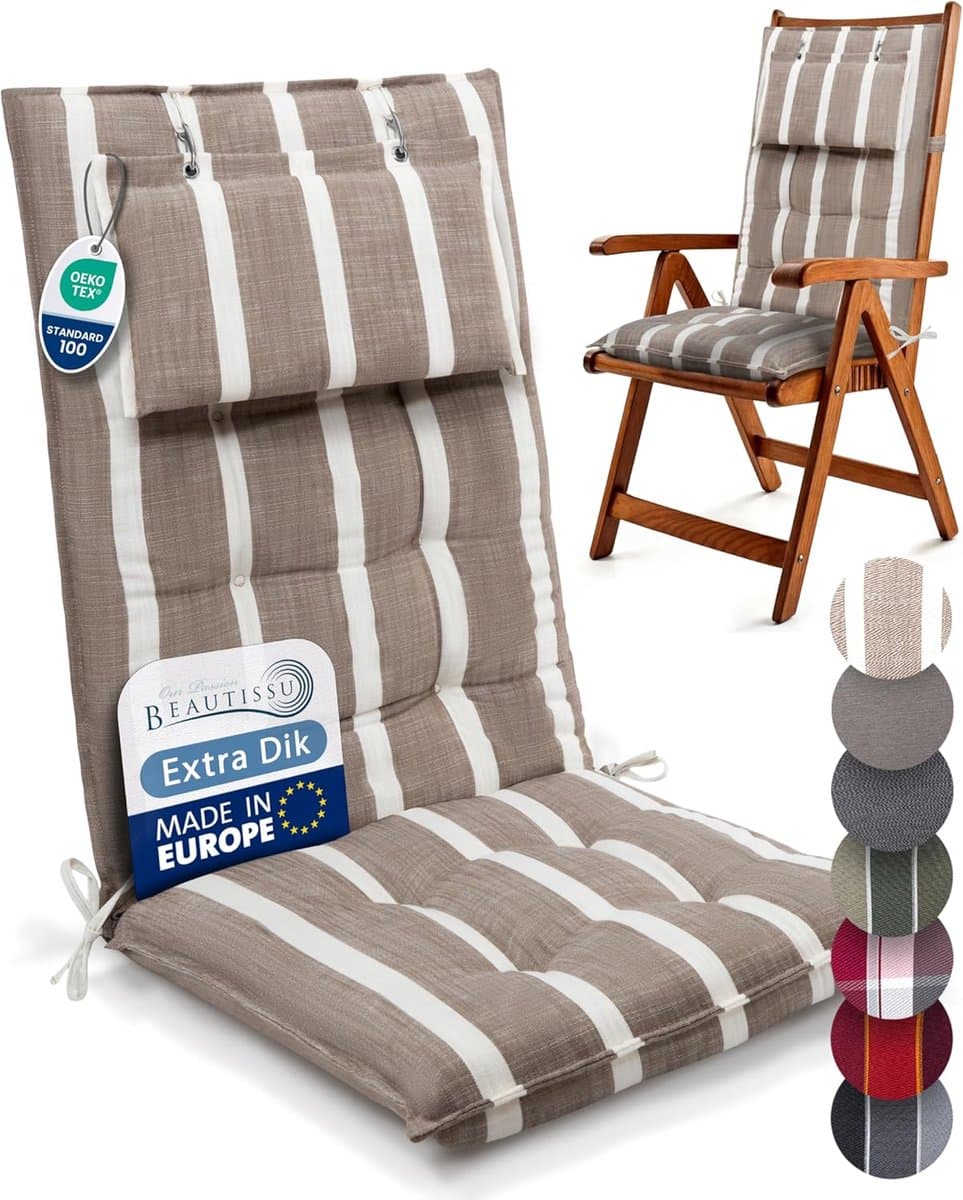 Hoge Rugleuning Kussen - Tuinstoel Kussen - Buiten Ontspannen - UV-bestendig & Dik - 120x50 cm - Beige Wit Gestreept