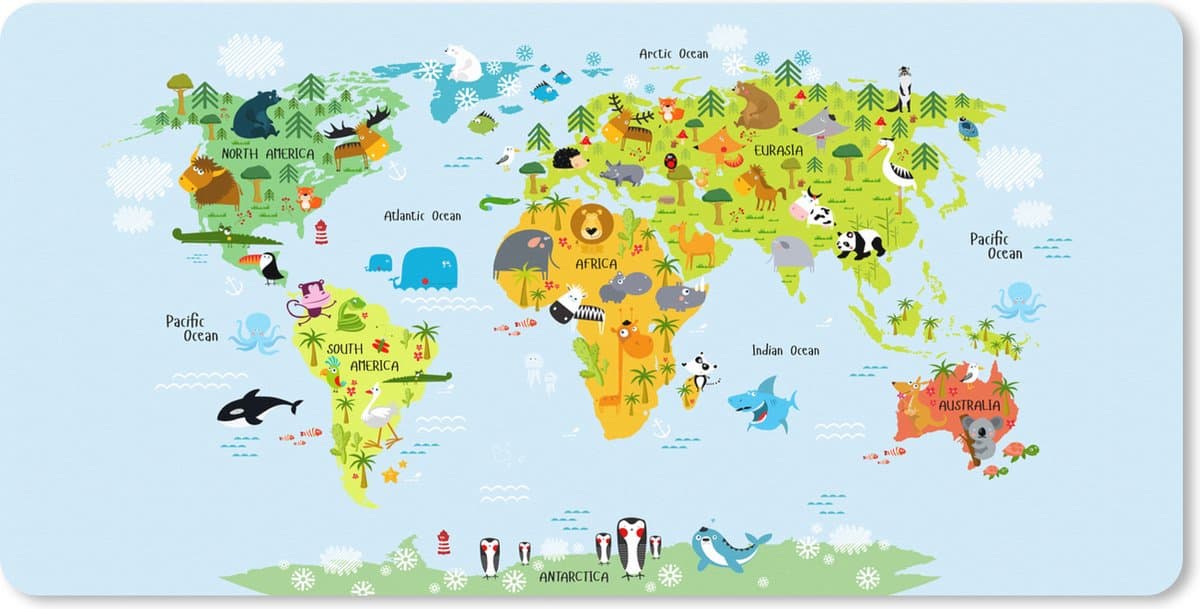 Muismat XXL 80x40 cm - Bureau onderlegger - Bureau mat Wereldkaart Kinderen - Dieren - Kleuren - Bureaumat - Gaming mousepad xl - Bureaulegger groot - Computer deskmat