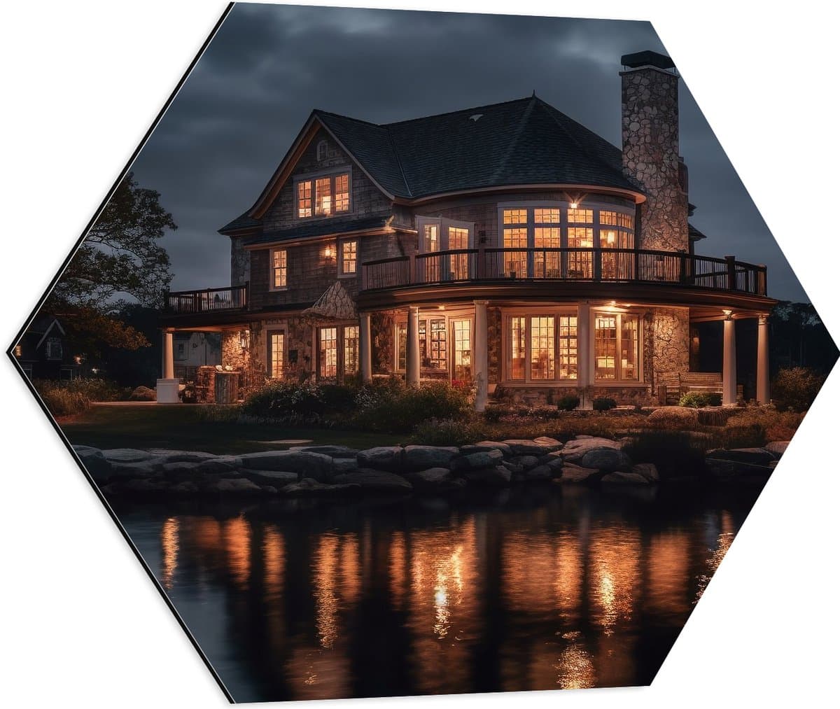 Dibond Hexagon - Huis - Lichten - Water - Tuin - Groot - 60x52.2 cm Foto op Hexagon (Met Ophangsysteem)