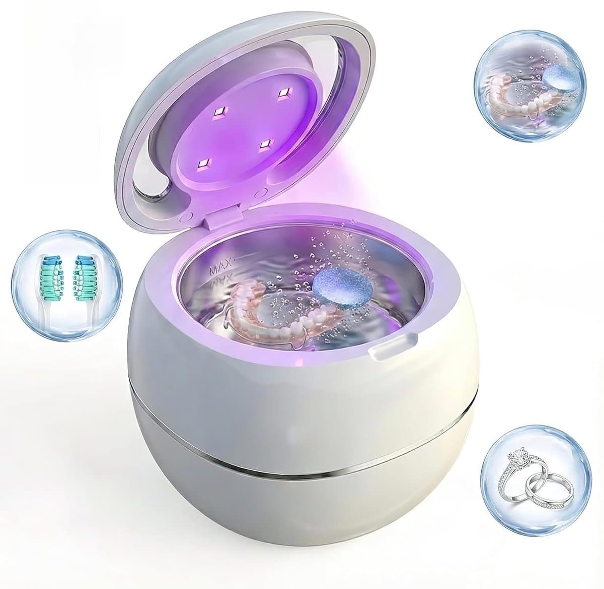 Ultrasoon Reiniger Wit – Draagbare Ultrasonic Cleaner 180ml – 28W & 42kHz – 5/10 Min Timer – UV Sterilisatie – Voor Gebitsprothese, Beugel, Sieraden