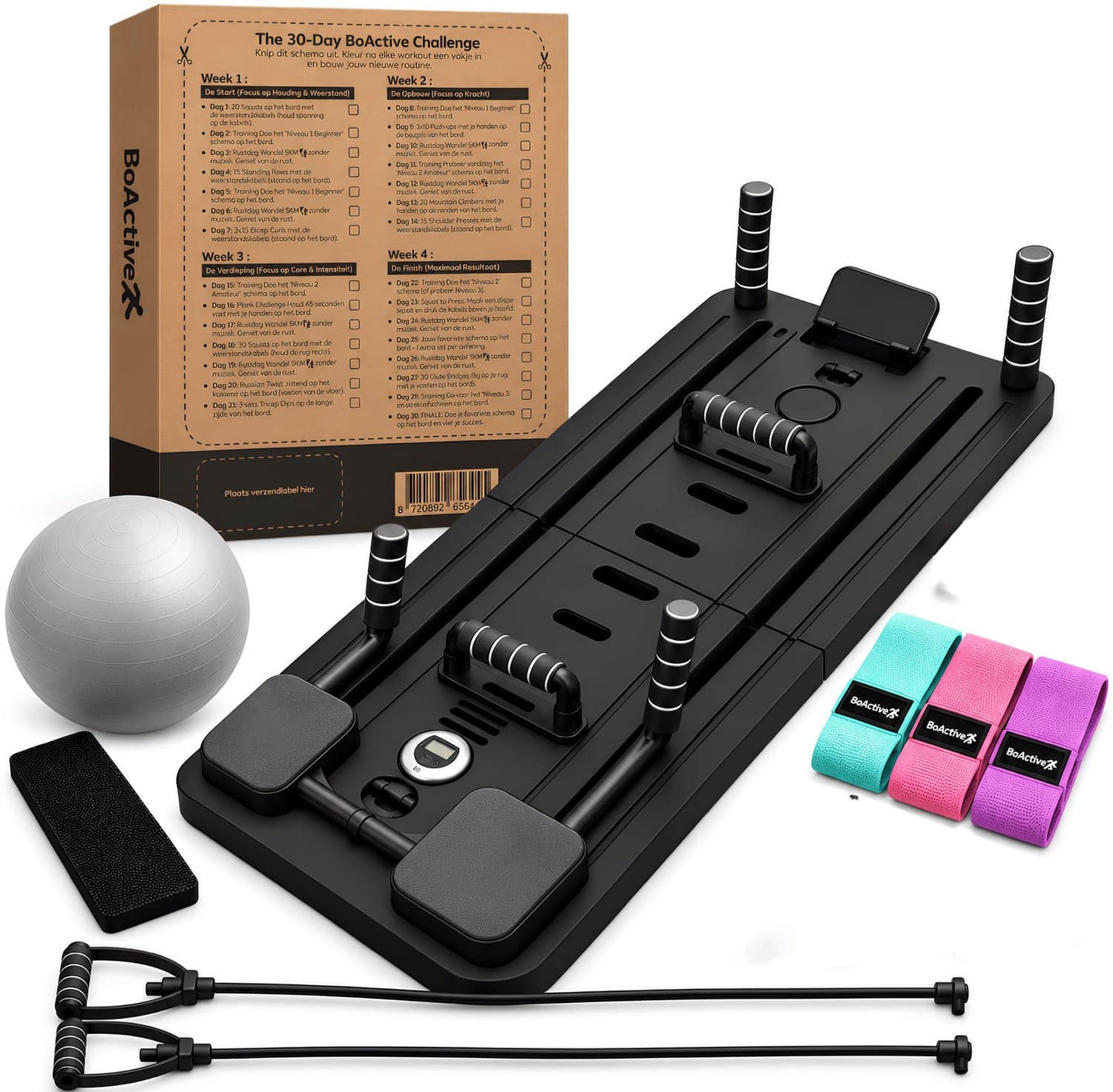 BoActive® Pilates Board met Weerstandsbanden & Timer - Inclusief Trainingsschema - Pilates Reformer - Reformer Board - Buikspiertrainer - Opvouwbare Pilates Set - 8 in 1 Board - Home Workout - Multi-functioneel Fitness Board - Zwart