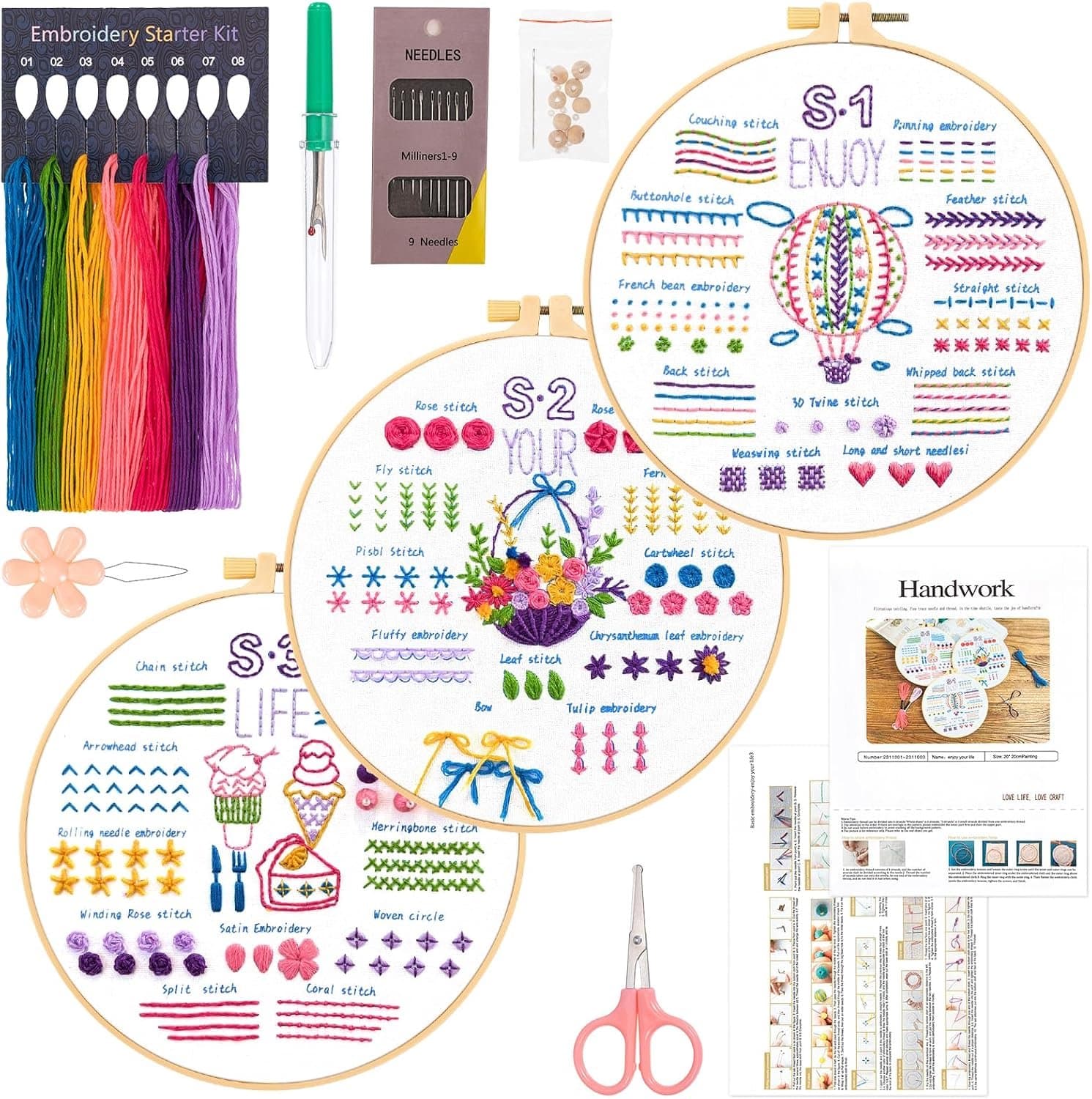 Borduurset beginners - 3-delige set met 33 steken - Inclusief borduurring - Ideaal voor creatieve projecten - ShopVlot