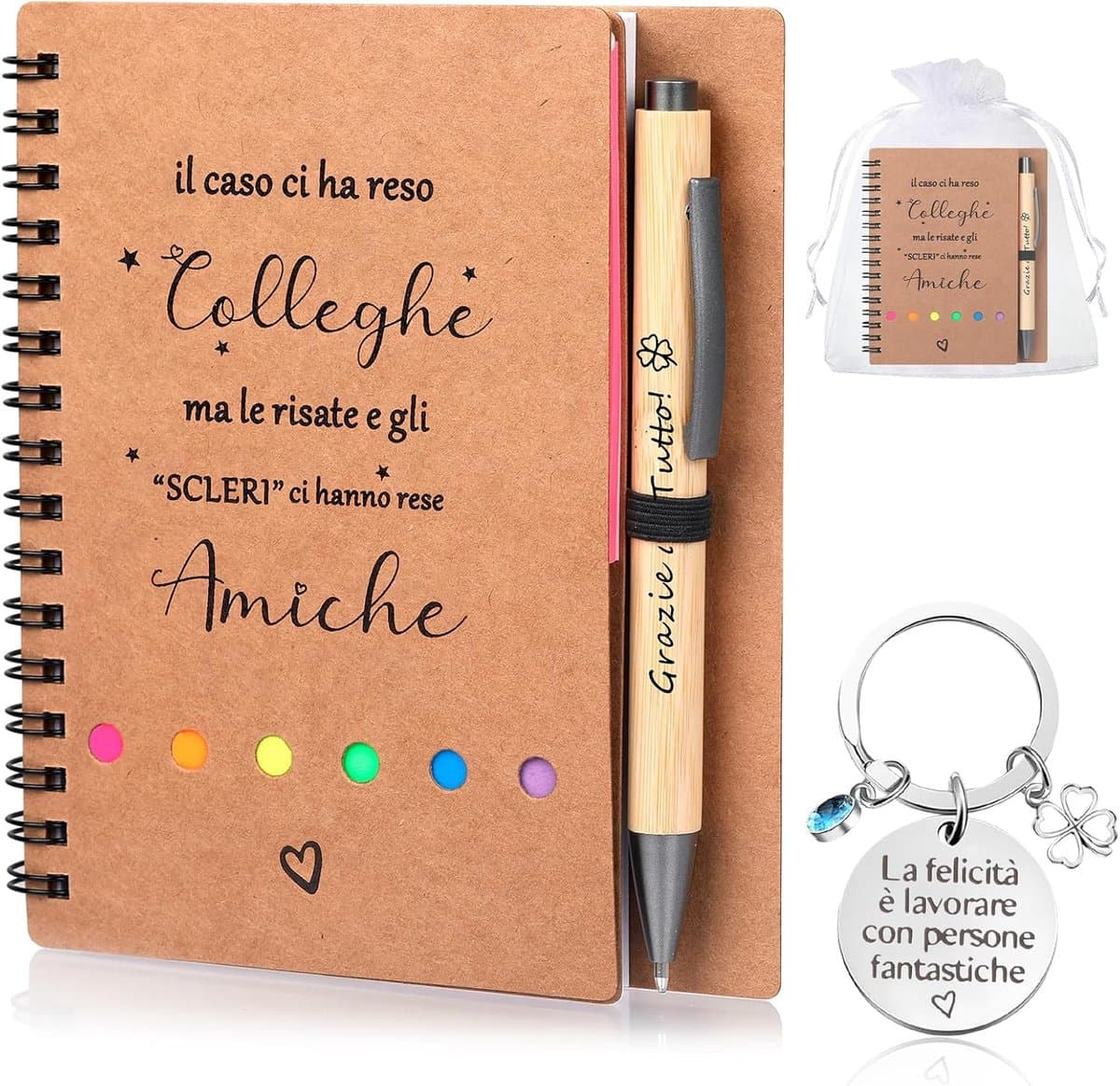 4-delige cadeauset voor collega's, inclusief spiraal notebook, intrekbare pen, sleutelhanger en garentas, beste cadeau voor collega's (Italiaanse sterren)