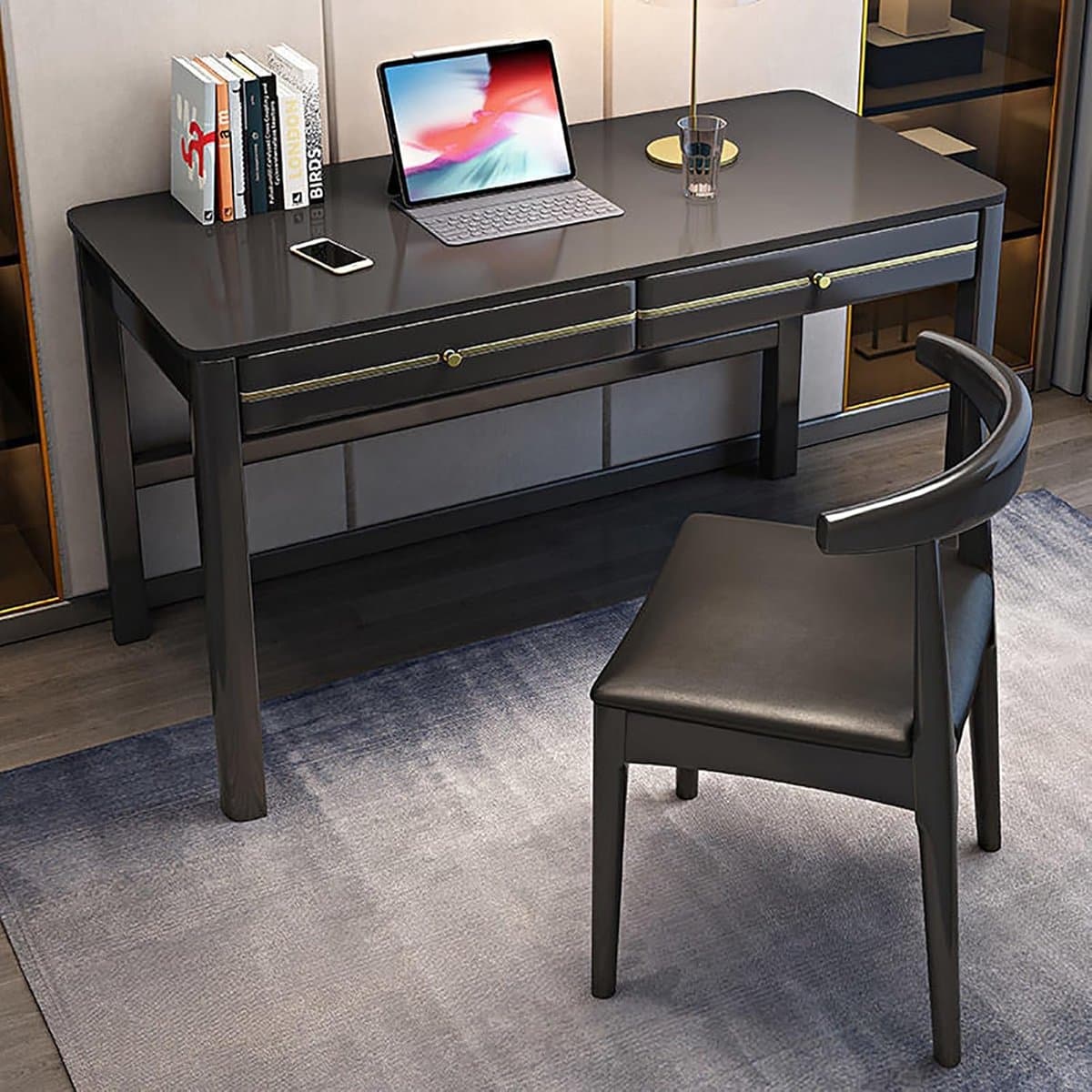 Novara Modern Mid-Century Bureau van Massief Hout met 2 Lades 100x60x75 cm – Groot Stabiel Computerbureau & Studeertafel voor Thuiswerk of Kantoor – Zwart – Novihome