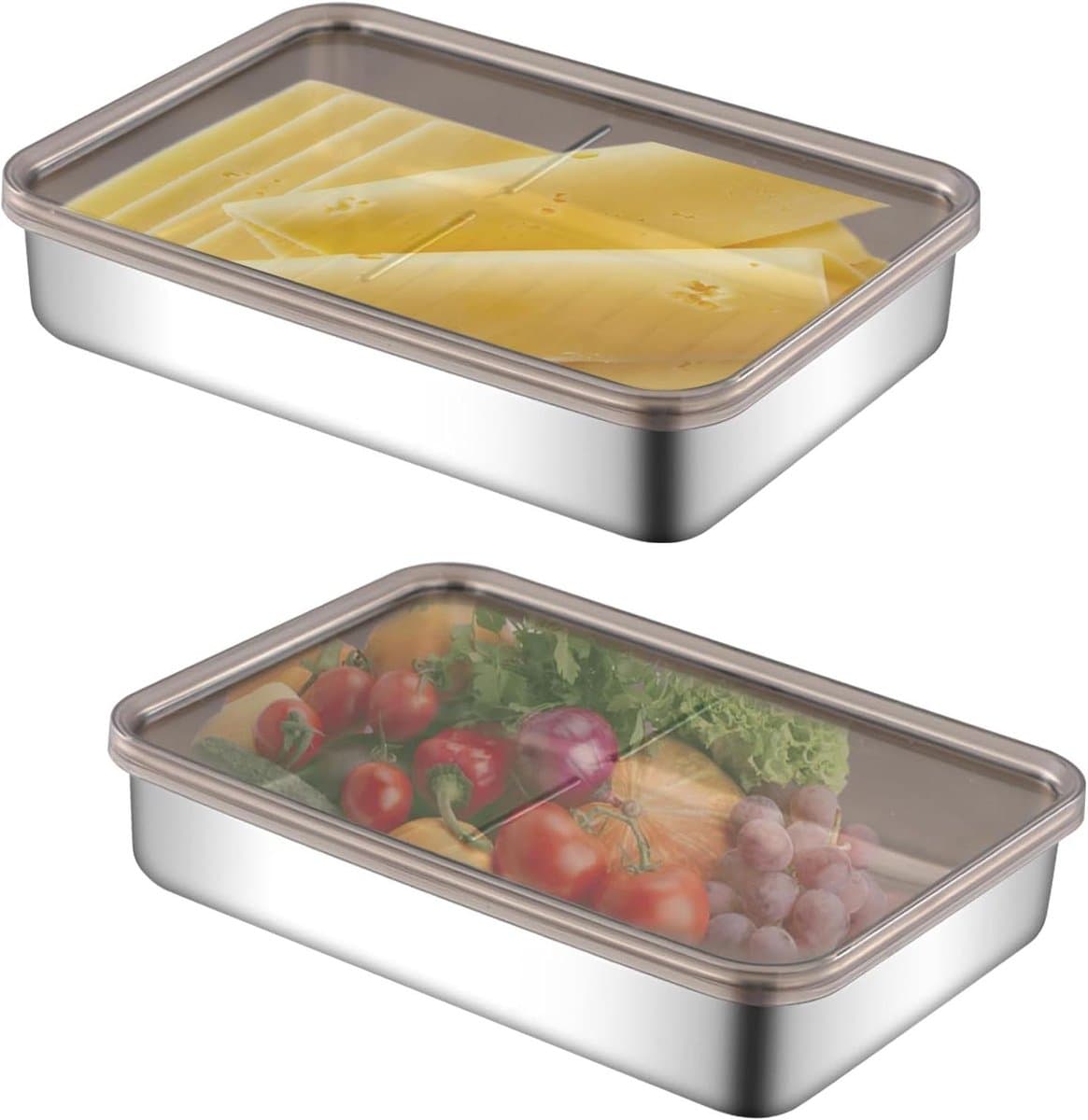 Allecta - RVS Voedselcontainers Met Deksel - Set van 2 - Stapelbaar - 1100 ml - Voor Koelkast - Voedsel-opbergdoos - Kaas, Vlees, Worst