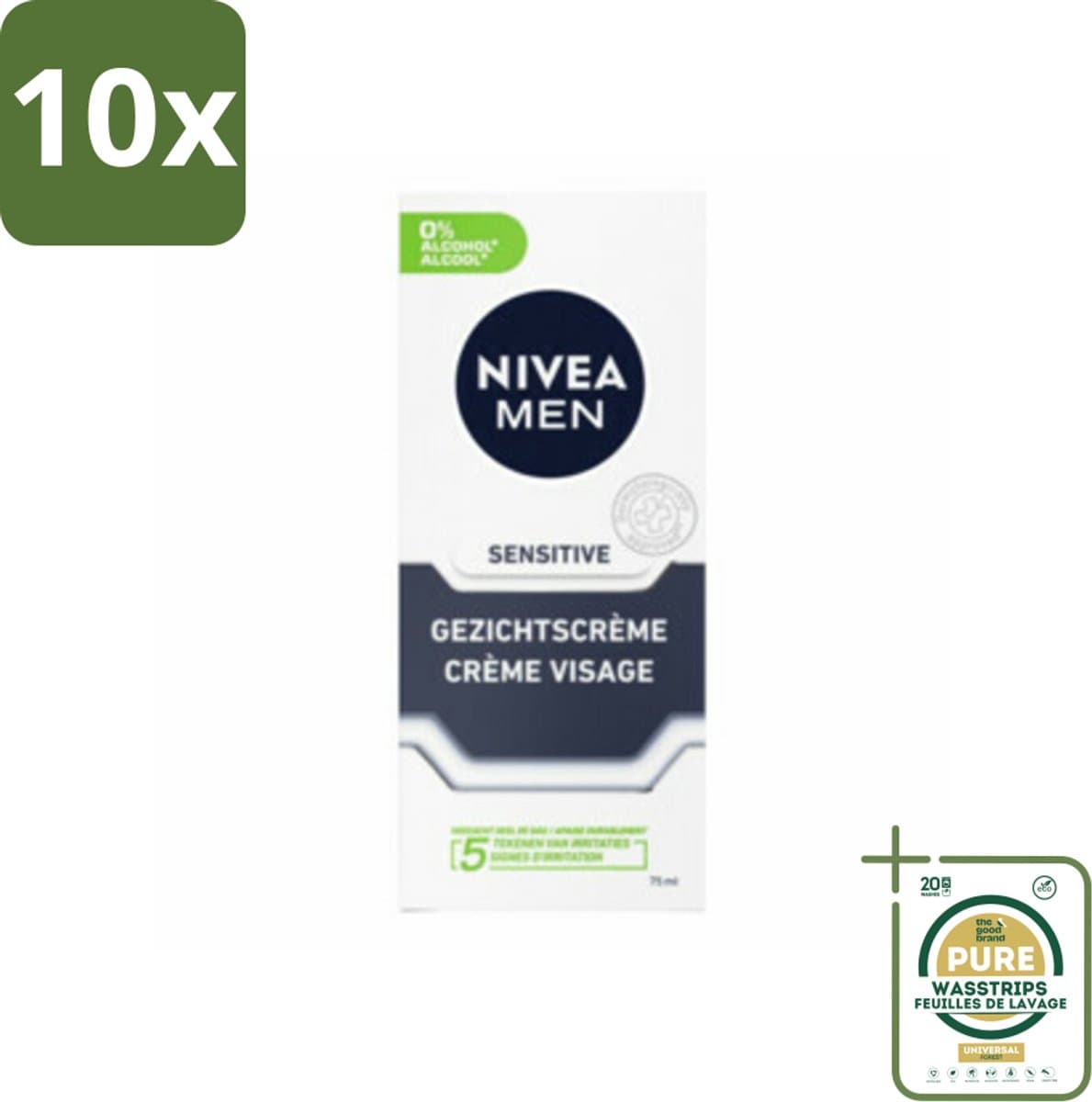 10 x NIVEA MEN - Sensitive - Dagcrème Gezicht - 75 ml - Grootverpakking - Gevoelige Huid - Gezichtscrème - Mannelijke Huid - Huidverzorging - Gevoelige Mannenhuid