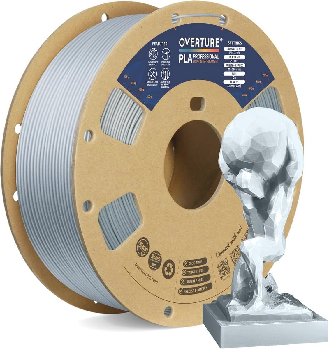 Professioneel 3D-printer filament PLA Plus 1,75 mm - Metaalzilver, Hoge sterkte en optimale afdrukkwaliteit
