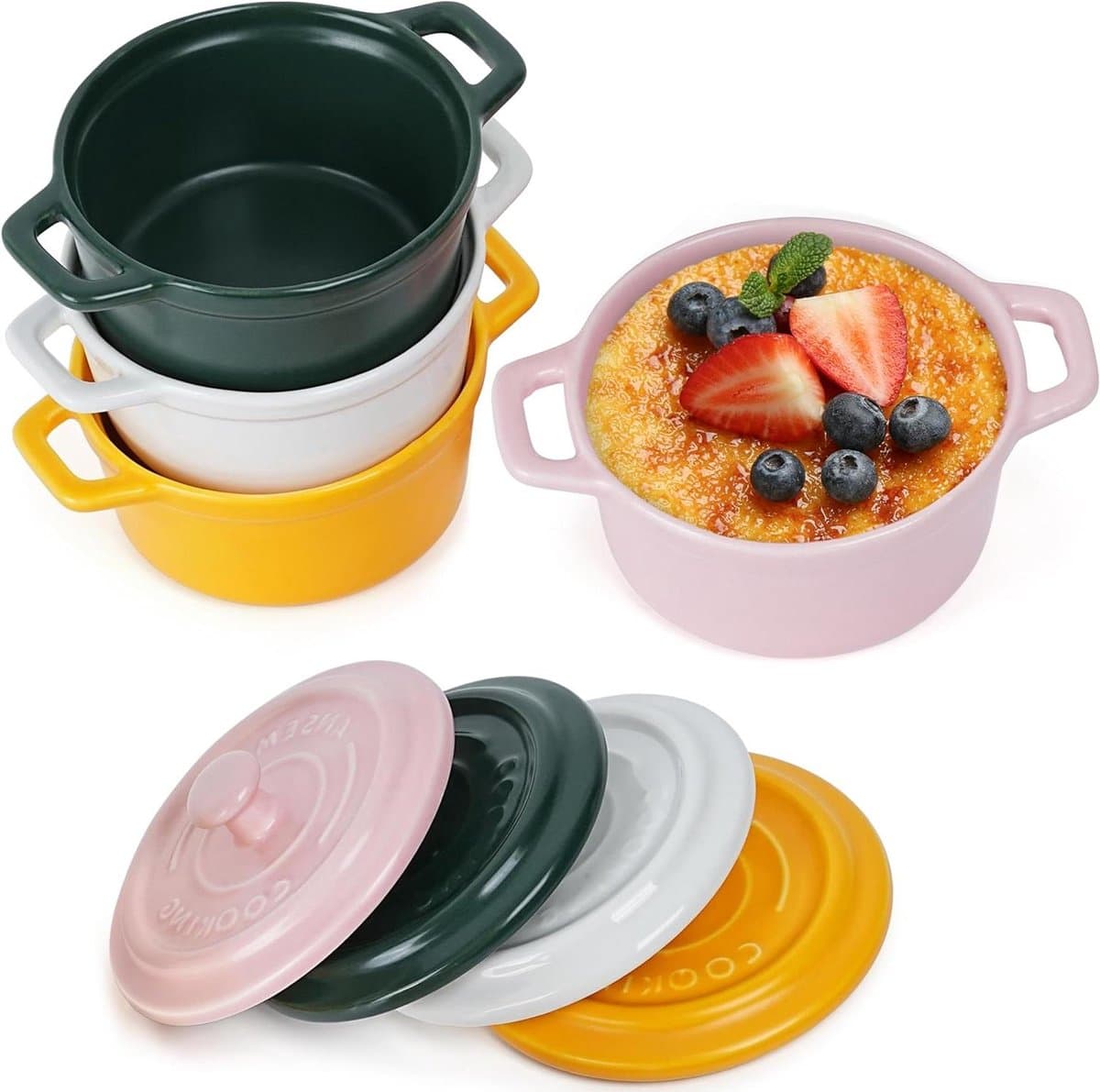 Allecta - Stapelbare Porseleinen Ramekins met Deksel en Handvat [4 Stuks] - Ovenveilige Keukenkommetjes voor Koken - Magnetron- Diepvries- en Vaatwasmachinebestendig - Set van 4 Kleuren - 270 ml