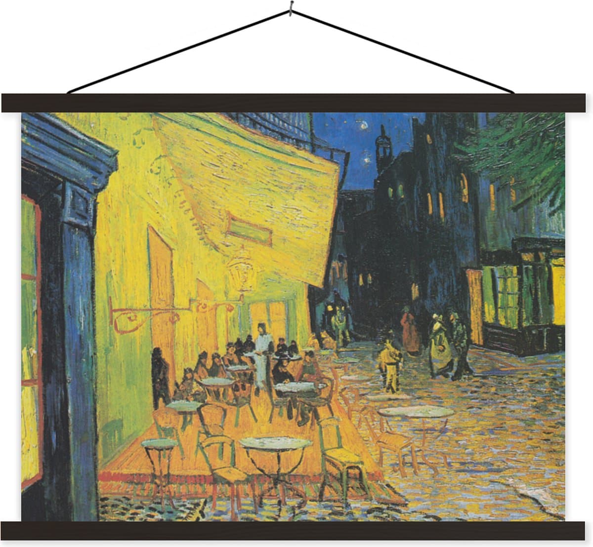 Posterhanger incl. Poster 120x90 cm - Schoolplaat - Caféterras bij nacht - Vincent van Gogh - Textielposter - Zwarte latten