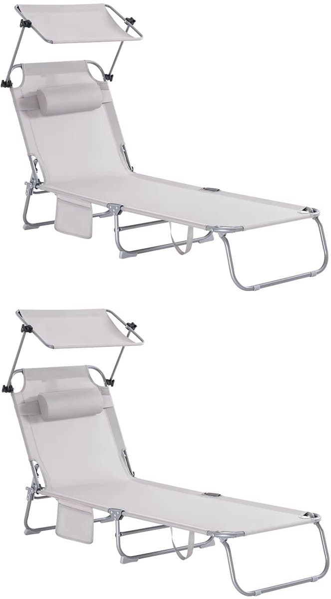 Opvouwbare Ligstoel met Zonnedak 195 cm – Verstelbare Rugleuning – Inclusief Hoofdkussen – Draagvermogen 150 kg – Voor Tuin, Strand, Balkon & Camping