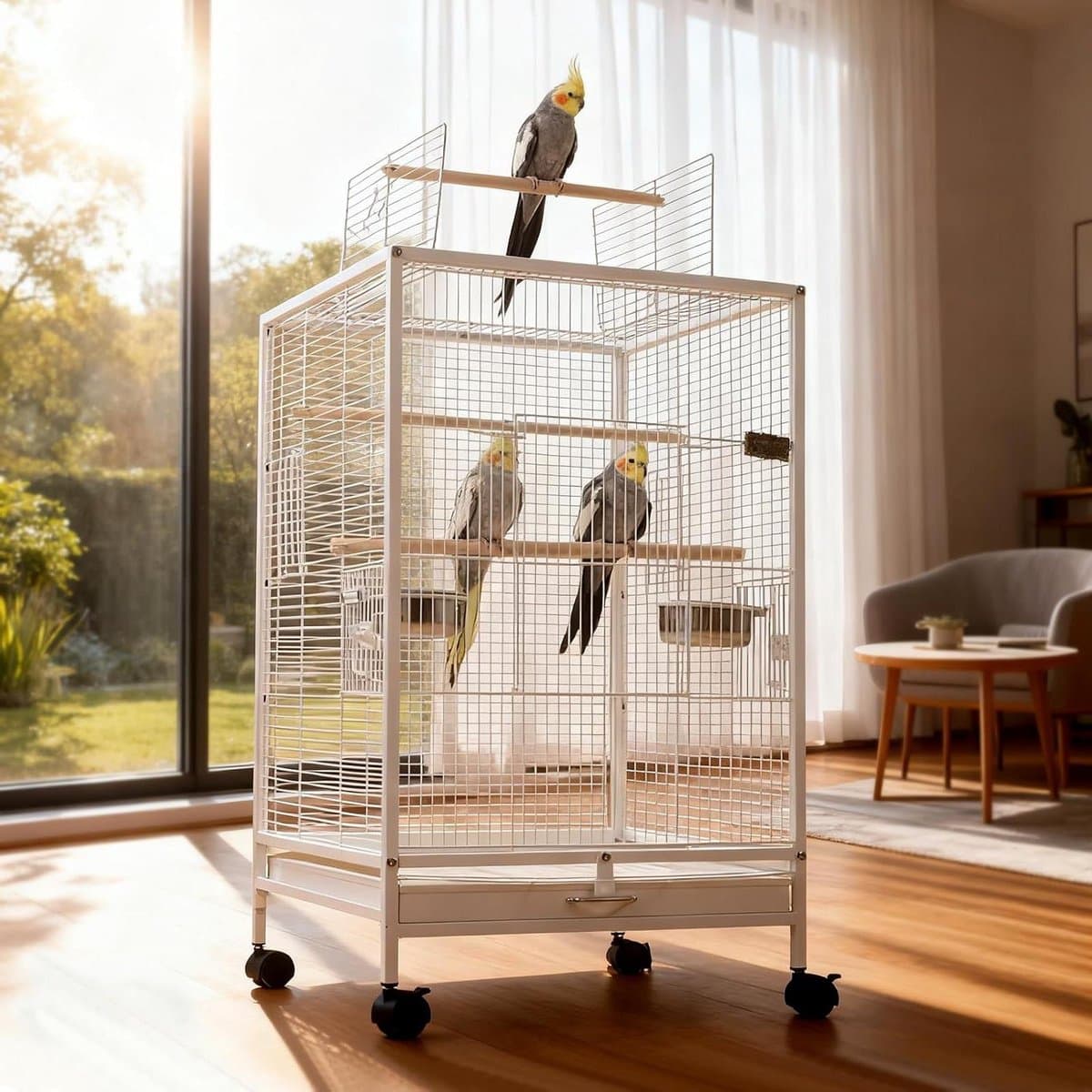 Grote vogelkooi - Volière papegaai - Huisdier verblijf - Afneembare pallet - 46 x 46 x 77 cm - Wit