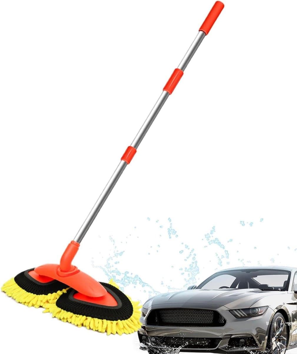 Auto Wasborstel - Dubbelkop Mop - Voertuig Reinigen - Uitschuifbare Steel - 110 cm Lengte - Grijs