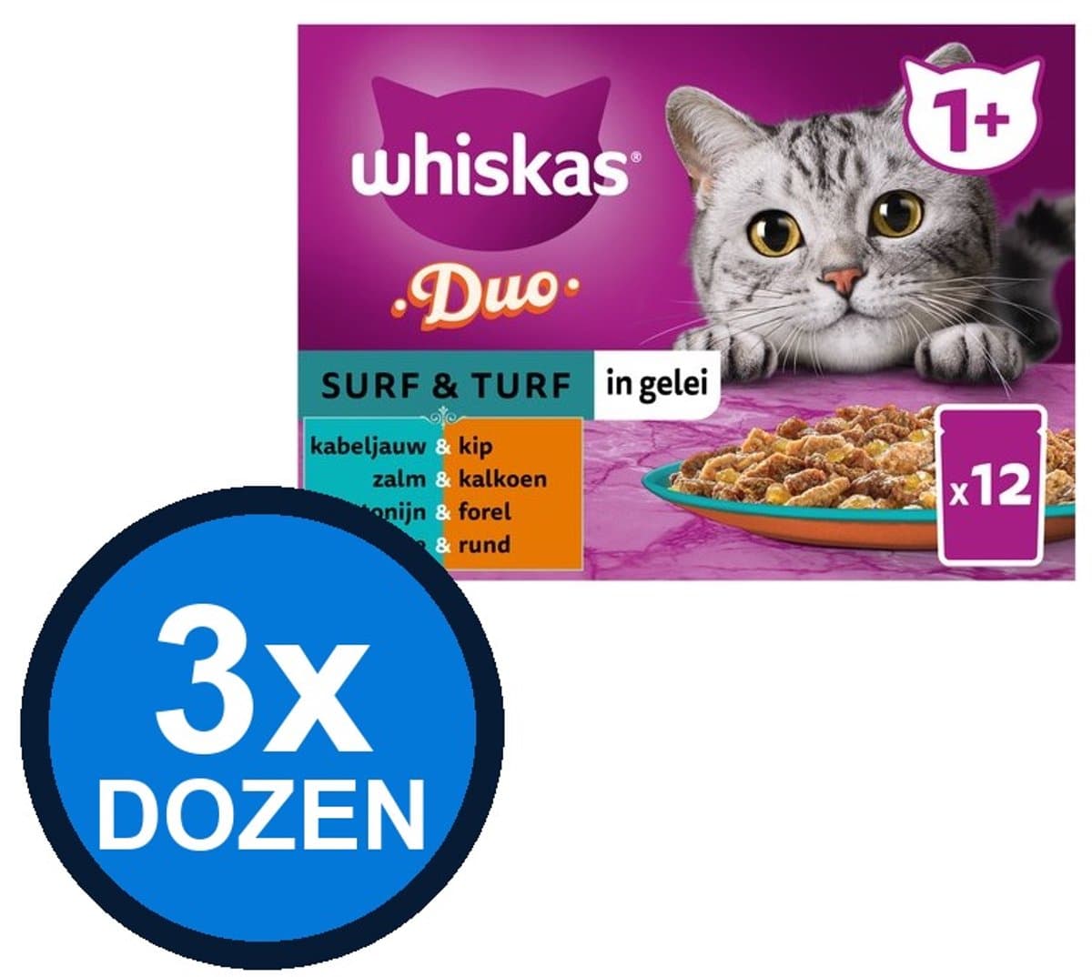 3x Whiskas - 1+ Pouch Adult Gelei Duo Surf & Turf Sel Multipack (12x85g) - Kattenvoer Natvoer - 1.02 kg