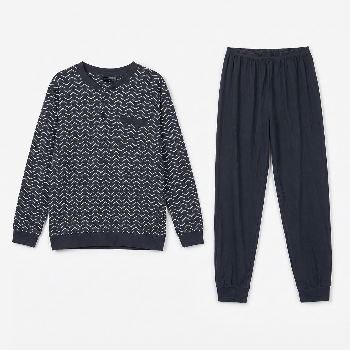 Heren Pyjama Met knoopjes Lange Mouw Lange Broek - Katoen - Zwart - Maat XXL - 2504-Black-XXL