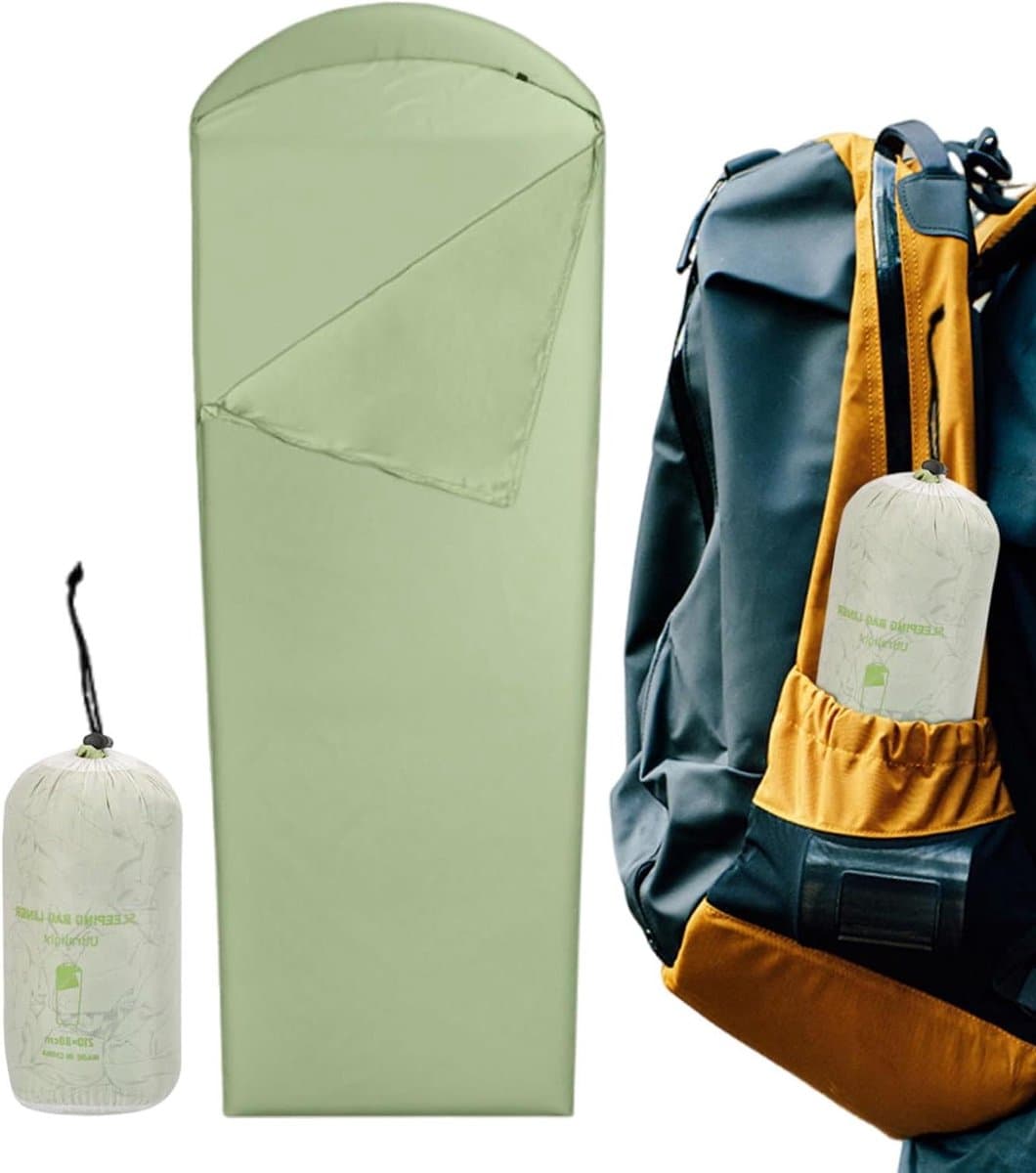 Slaapzak Binnenhoes - Reislakens Kamperen - Comfortabel Slapen - Lichtgewicht Compact - 210x80 cm - Groen
