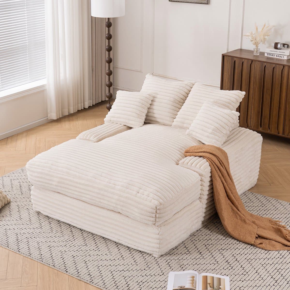 COVREO Chaise longue 137x175x63 cm - beige ribstof, 4 afneembare kussens, zonder montage