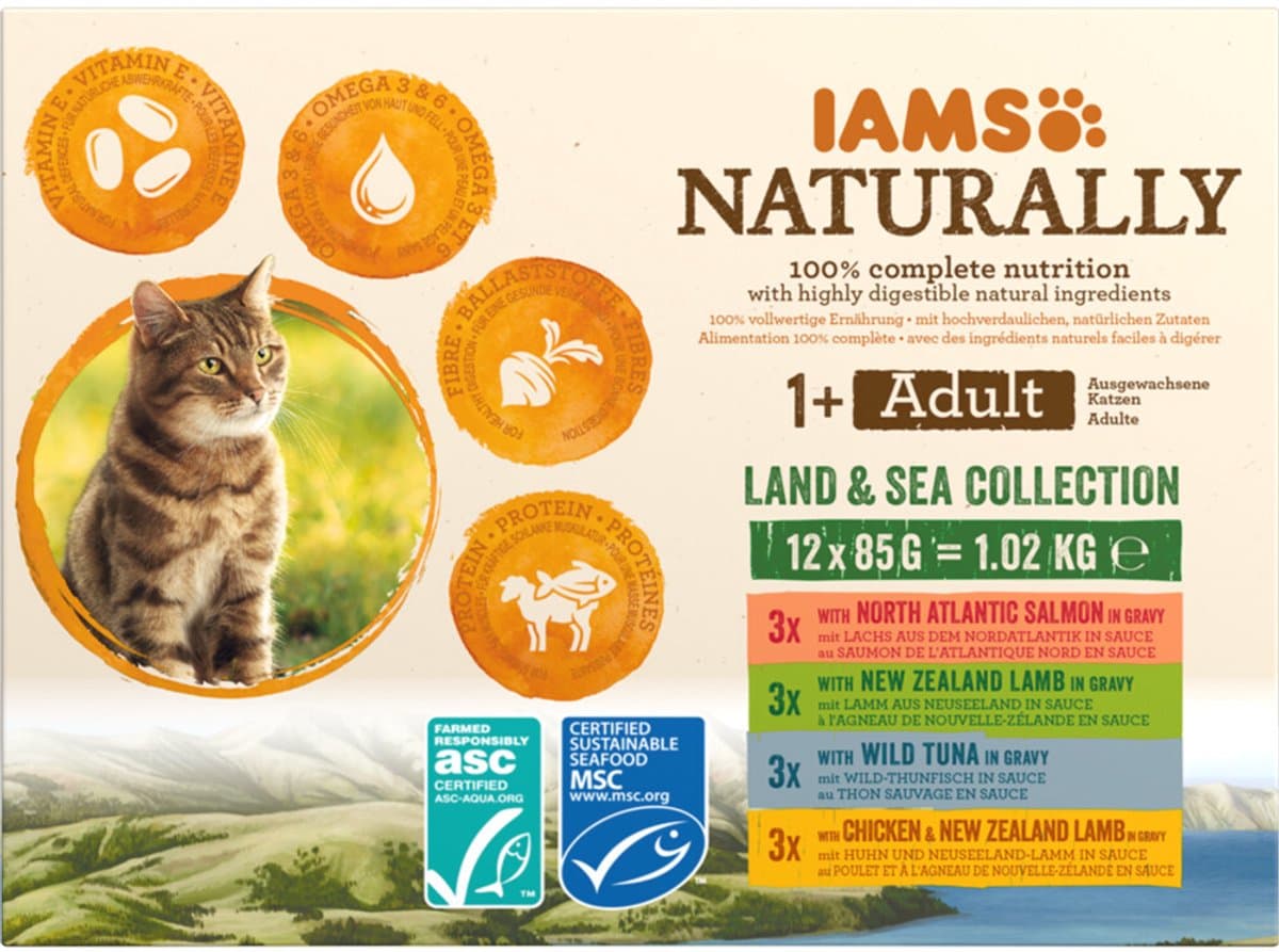 IAMS Naturally Kat Adult Land - Sea Collection - 2 x 12 x 85 gr - Voordeelverpakking