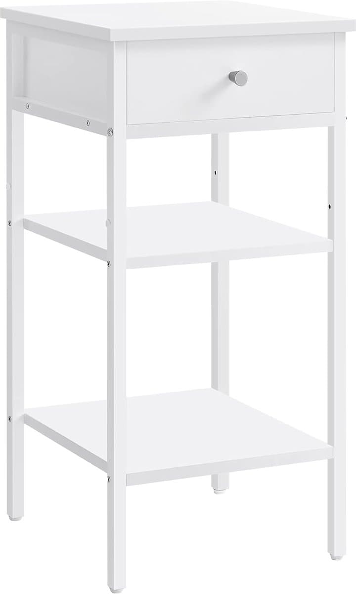 Furnstar Nachtkastje -Bijzettafel hoog met een lade en 2 open vakken - 1 verstelbare plank - Ruimtebesparend - Verstelbare poten - Modern - Wit