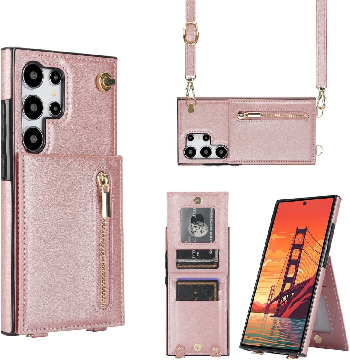 Geschikt voor Samsung Galaxy S25 Ultra Hoesje Met Koord - Solidenz S25 Ultra Wallet Case Cover - Backcover Met Koordje - Cord Case - Lanyard - Hoesje S25 Ultra - Roségoud