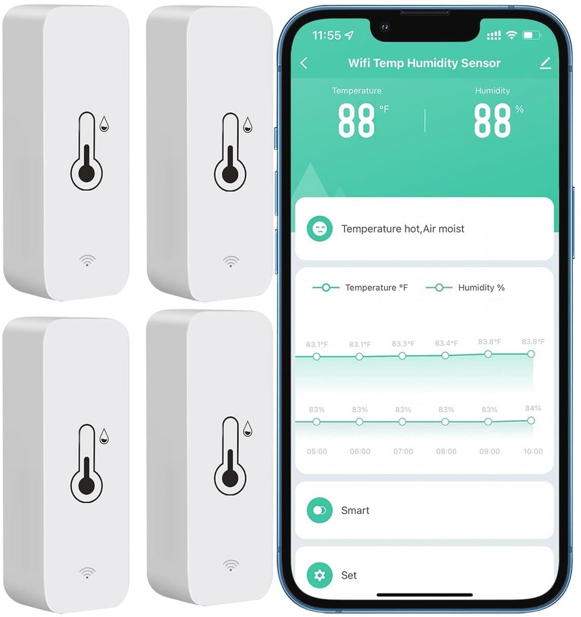 Draadloze Wifi Temperatuur- en Vochtigheidsmonitor met Afstandsbediening en App-meldingsalarm - 4 Stuks