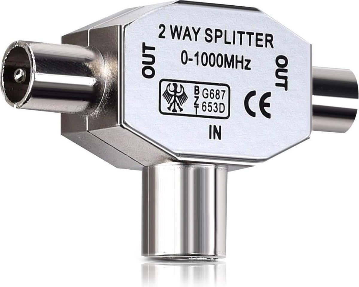 kwmobile 2-Way coax antenne splitter - Voor hoogwaardige kabeltelevisie - 2x mannelijk naar 1x vrouwelijk - Met metalen behuizing - Zilver