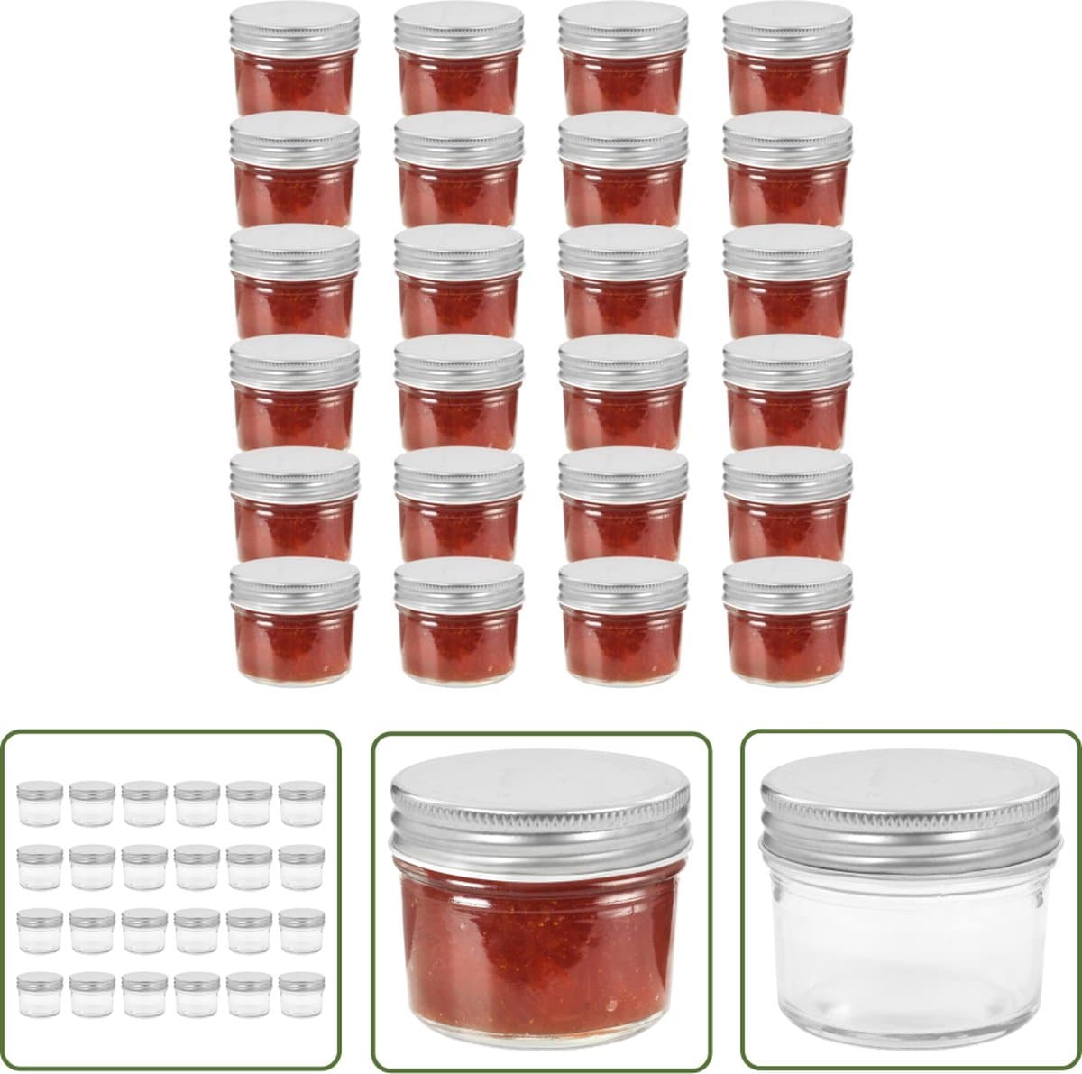 The Living Store Glazen Jampotten - 110 ml - Doorzichtig glas - Brede opening - Zilverkleurig deksel