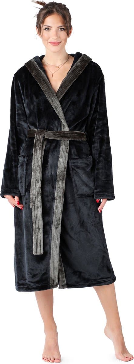 Bellivalini Dames Badjas met Capuchon - Wasmachine bestendig - Polyester - Zwart - XL - BLV-BLV50-168-DG