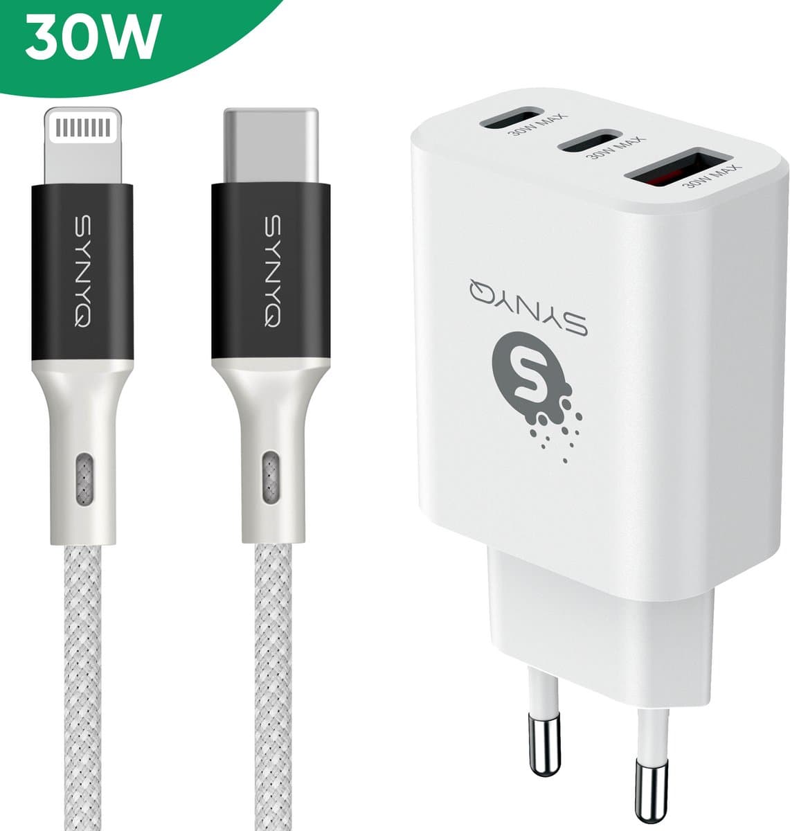 Synyq 30W GaN2 Snellader - 3 Poorten - 3m oplaadkabel - Gecertificeerd - Lader geschikt voor Iphone - Geschikt voor iPhone 14/13/12/11/X - 3 meter