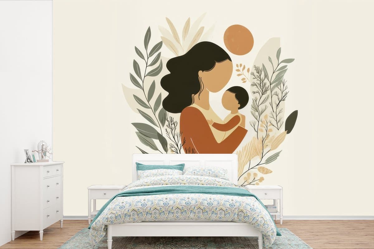 Behang - Fotobehang Illustratie - Moeder - Kind - Liefdevol - Breedte 600 cm x hoogte 400 cm